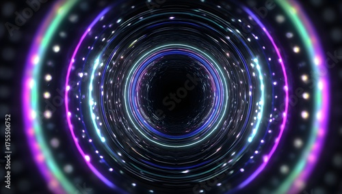 Abstract futuristic tunnel of swirling light and energy with glowing concentric circles and shimmering particles creating a sense of motion and depth