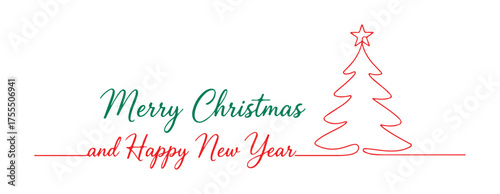 A continuous single line drawing of a Christmas tree. Wishing you a Merry Christmas and a Happy New Year! Concept for the new year. Handwritten text in one line. Minimalistic outline in one line style