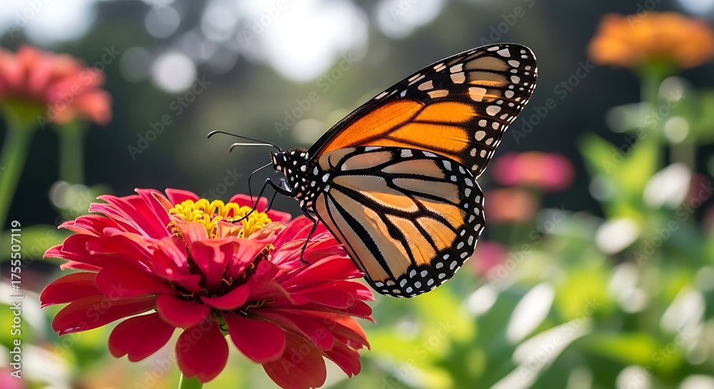 Fototapeta premium Monarch Butterfly on Red Zinnia Flower in Summer Garden.