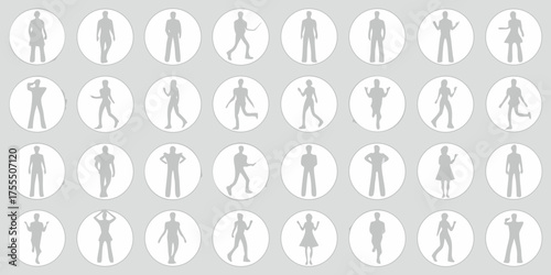 Collection of diverse silhouettes of people in various poses and actions within circles