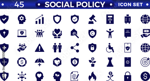 Social policy solid web icon vector illustration concept with icons of government, society, legislation, services, health care, welfare, reform, and education.