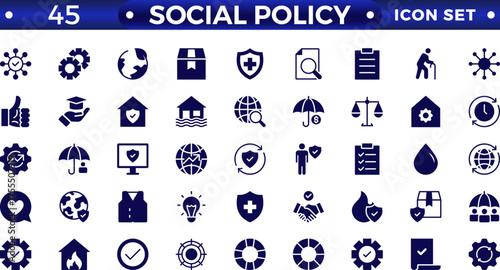 Social policy solid web icon vector illustration concept with icons of government, society, legislation, services, health care, welfare, reform, and education.