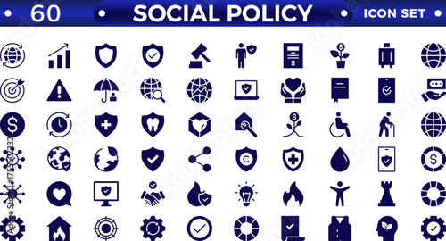 Social policy solid web icon vector illustration concept with icons of government, society, legislation, services, health care, welfare, reform, and education.