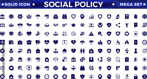 Social policy solid web icon vector illustration concept with icons of government, society, legislation, services, health care, welfare, reform, and education.