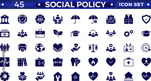 Social policy solid web icon vector illustration concept with icons of government, society, legislation, services, health care, welfare, reform, and education.