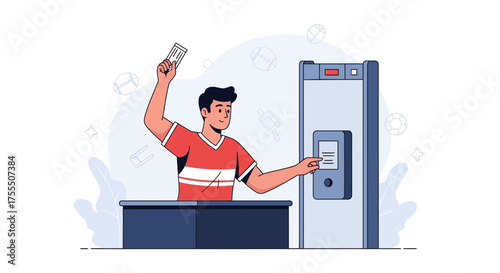 Fan Entering Sporting Event: Security Check, Ticket Validation, Vector Illustration