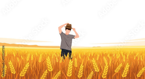 Farmer Stood in Wheat Field Admiring the Harvest With Golden Colors and Sky View