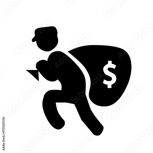 A black silhouette icon of a running thief or robber wearing a mask and carrying a large sack of money with a dollar sign, symbolizing crime, theft, or fraud.