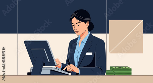 Female Banker Using Computer And Calculating Finances In An Impeccable Professional Environment