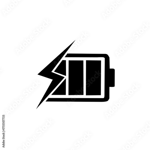 A black and white icon of a battery charging, featuring a lightning bolt overlaying a battery with two full bars, symbolizing fast charging, power, and energy.