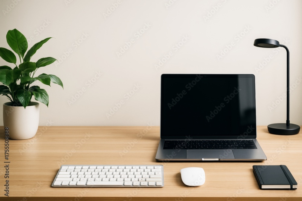 Fototapeta premium Minimal workspace mockup with laptop, keyboard, mouse, lamp, plant, and notebook on wooden desk in bright interior with empty background wall.