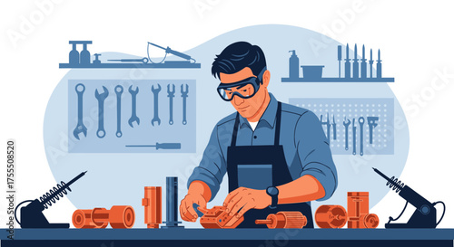 Dedicated Artisan Crafting Complicated Parts in a Workshop with Tools and Protective Gear