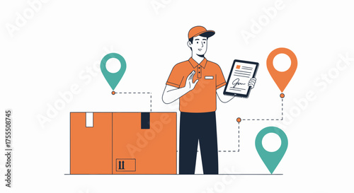 Delivery Worker With Package Boxes And Navigation Pins Showing Real-Time Package Destinations