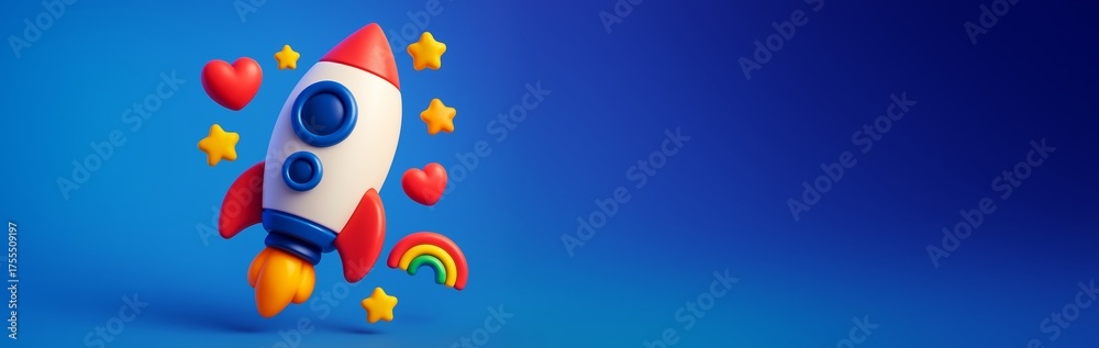 Fototapeta premium Colorful cartoon rocket with hearts, stars, and rainbow on blue background with copy space for poster, banner, or advertising template design. Ai generative