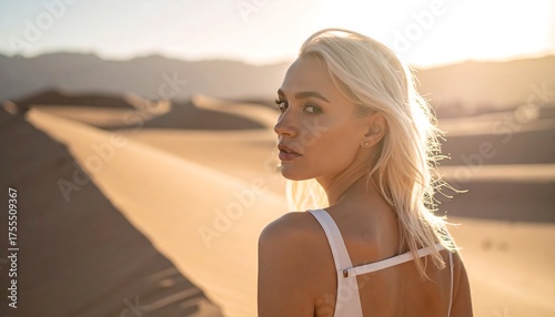 A fair-haired woman poses on sand dunes, sunlight highlighting her profile. Golden hour creates warm hues, a peaceful outdoor scene