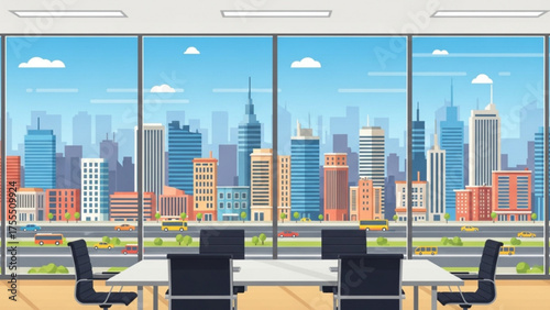 Modern Conference Room With a Panoramic View of the City Skyline, Ideal for Business Meetings and Corporate Events