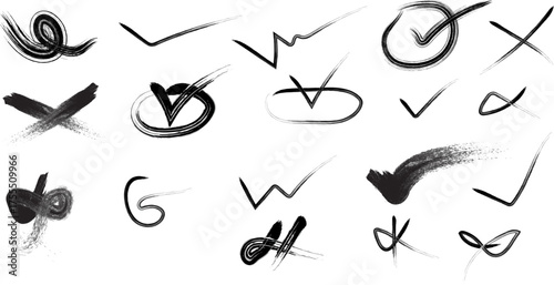 Abstract Brush Stroke Check Marks and Crosses on White Background