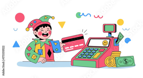Happy Jester Character Paying with Credit Card on Cash Register with Money and Coins