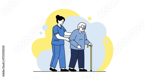 Helping Elderly Person Walk With Support From Professional Healthcare Assistant