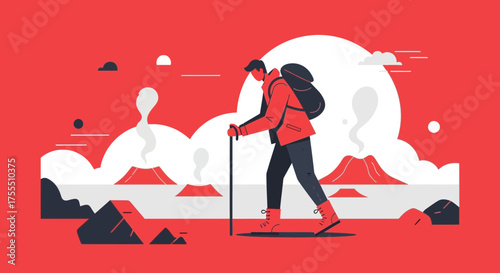 Hiker Exploring Volcanic Terrain Under a Crimson Sky Embarks on a Journey of Discovery