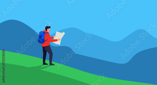 Hiker Exploring Map Amidst Mountain Landscape Ready Exploring Their Exploration Journey