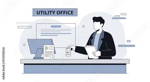 Illustration Of A Utility Office Employee Handling Customer Documents With Modern Design