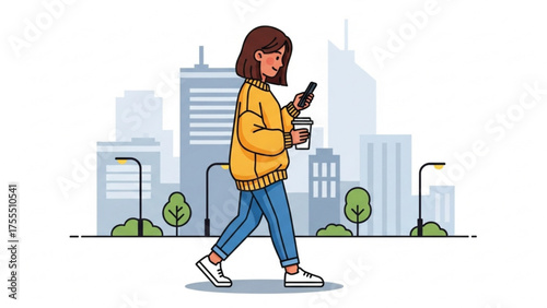 Woman Walking and Texting with Phone, Holding Coffee, and Enjoying City Lifestyle, Urban Environment