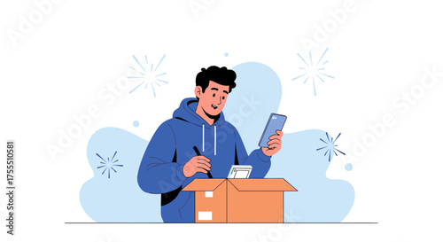 Excited Person Unboxing Package and Reviewing Newly Received Mobile Phone on a White Background