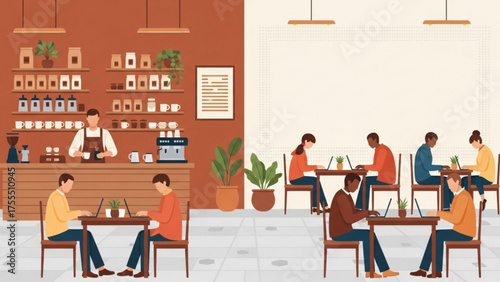 Cozy coffee shop scene barista, customers working on laptops, wooden tables, shelves with coffee, warm atmosphere, social interaction