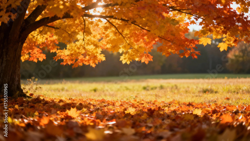 Autumn landscape with colorful maple leaves on tree and ground in a sunlit field