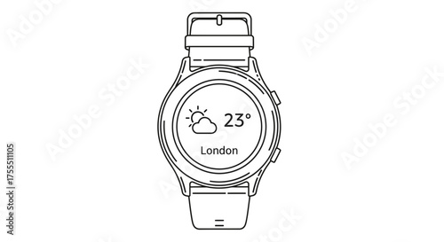 Minimalist line art illustration of a smart watch displaying London weather information