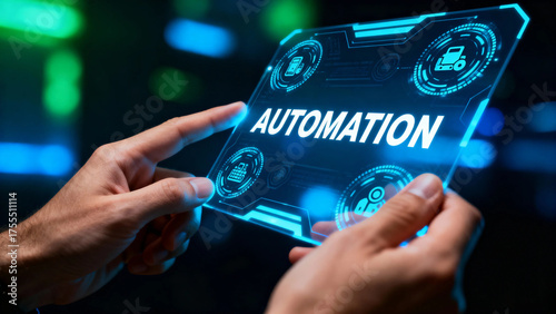 Hands holding a futuristic transparent screen displaying the word 'AUTOMATION' with digital icons and a high-tech interface.