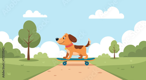 Playful Puppy Riding Skateboard in Park Cartoon Illustration for Children's Designs