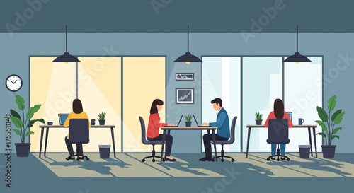 People working in open space office concept with desk and computer creating teamwork