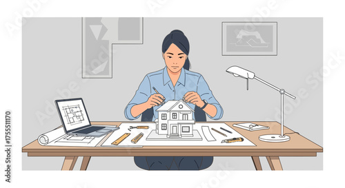 Professional female architect working on a house model in her office design studio