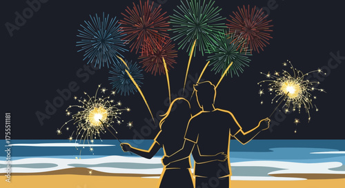 Romantic couple celebrating with sparklers and fireworks on the beach illustration