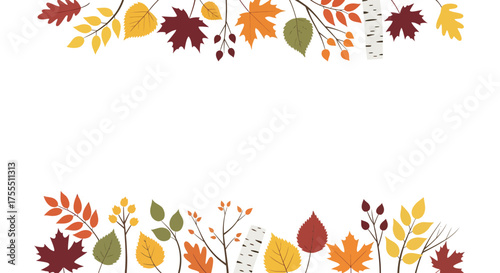 Autumn leaves border design with colorful foliage and branches.