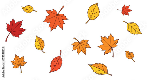 Autumn leaves falling in a gentle breeze.