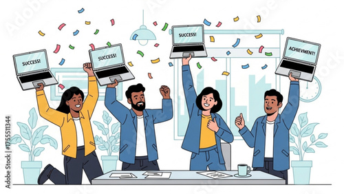 Team celebrating success with laptops, confetti, and vibrant colors, highlighting teamwork and achievement
