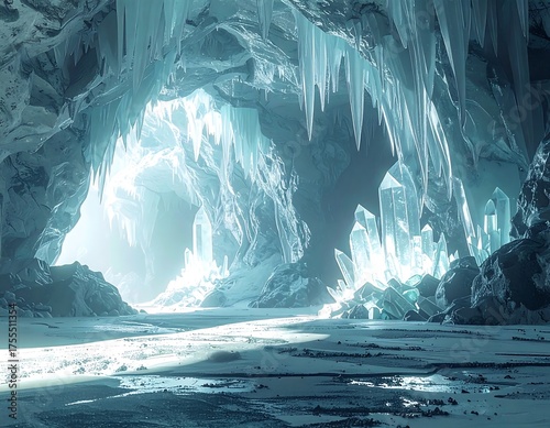 Icy cave scene with large icicles and ice crystals glittering in the bright light shining from the cave entrance