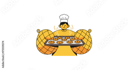 Baker proudly presents freshly baked cookies on a tray.