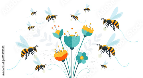 Bees flying around colorful flowers in a garden setting.
