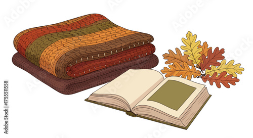 Cozy Autumn Scene with Stacked Blankets Open Book and Fall Leaves.