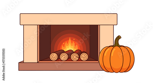 Cozy Fireplace with a Pumpkin for Autumn Season.