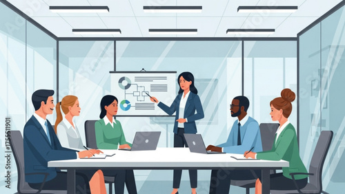 Business Team Engaged in a Presentation, Discussing Strategy, and Sharing Ideas in a Modern Office Environment