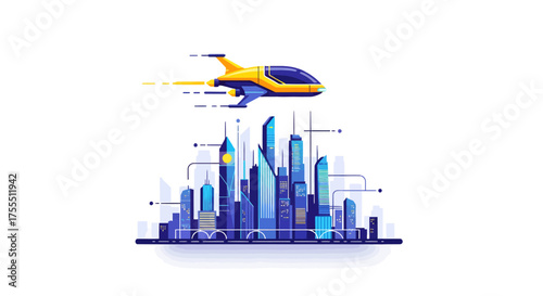 Futuristic flying vehicle above a modern city skyline.