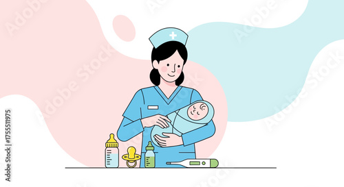 Loving Nurse Holds a Newborn Baby Surrounded by Baby Supplies and Equipment