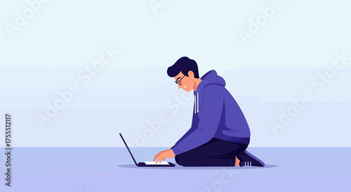 Man Concentrating On Laptop While Sitting, Focused On Working, Creativity And Modern Technology