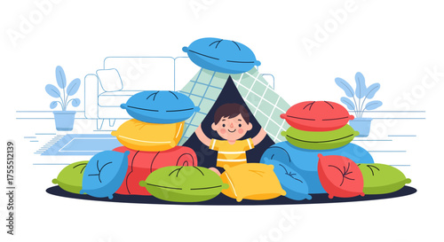 Happy child playing inside a pillow fort with colorful cushions.