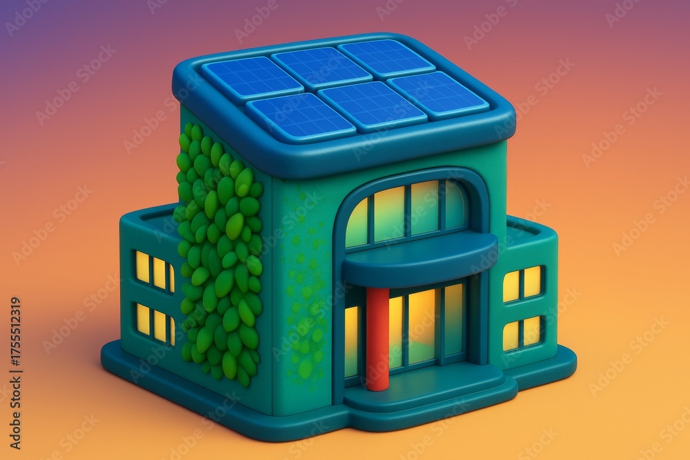 Obraz premium Eco-friendly building with solar panels and green wall in cartoon style on gradient background, symbolizing sustainable architecture concept. Ai generative